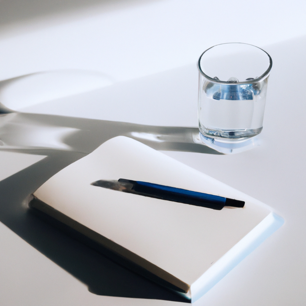 Minimalist light workspace with white desk, soft sunlight and a glass of water next to a notebook.